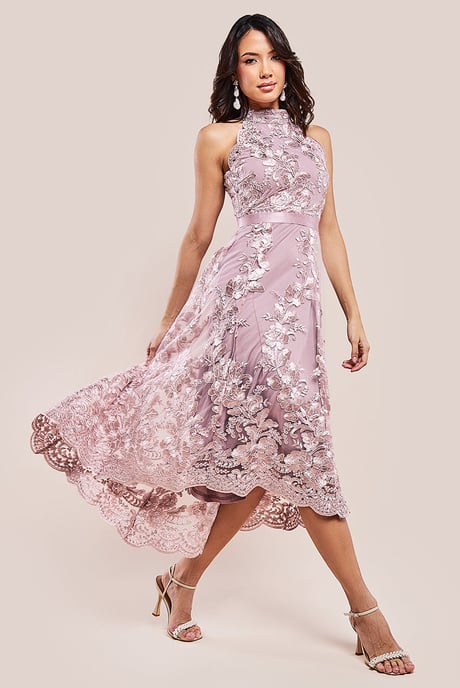 Halter Neck Lace High And Low Dress
