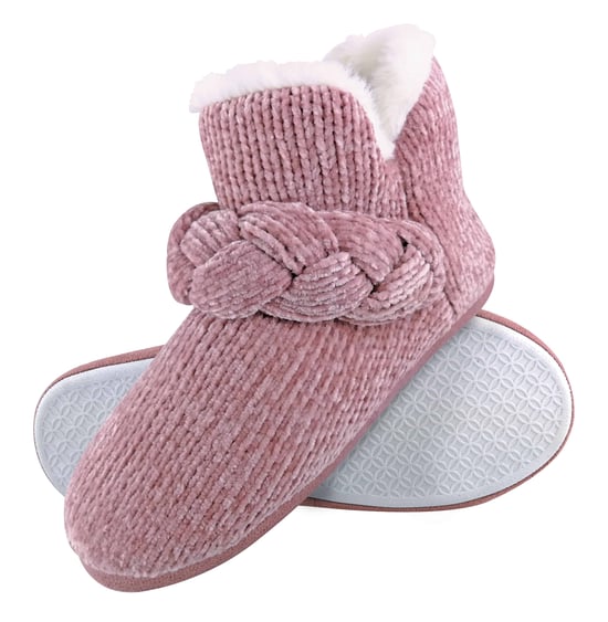 Dunlop - Ladies Knitted Warm Fleece Plush Slippers Boots/Booties in Grey Fairisle and Pink Cord Styles - Image 1