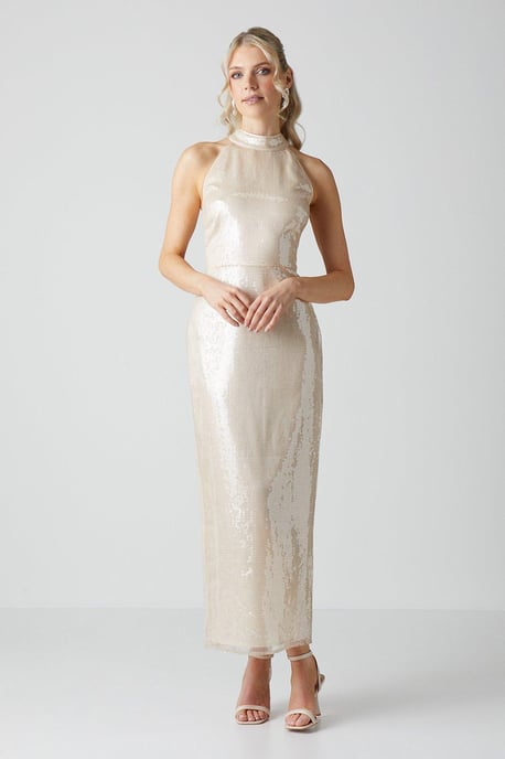 Glass Sequin Halterneck Column Gown