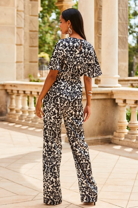 Black & White Mono Print Satin Angel Sleeve Wide Leg Jumpsuit