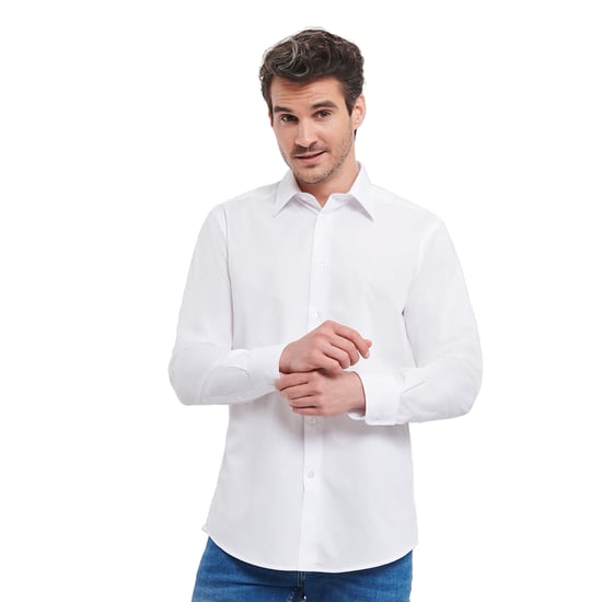 Russell Collection Mens Poplin Easy-Care Tailored Long-Sleeved Shirt (White) - Image 2