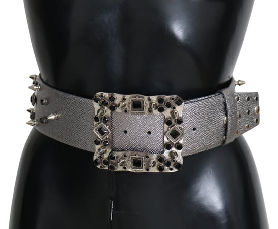 Dolce & Gabbana Women's Silver Leather Crystal Stud Logo Buckle Belt - Image 1