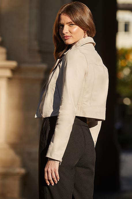 Ecru Cropped Leather Biker Jacket