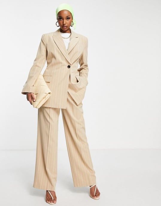 ASOS DESIGN asymetric suit blazer in pinstripe camel-Blonde