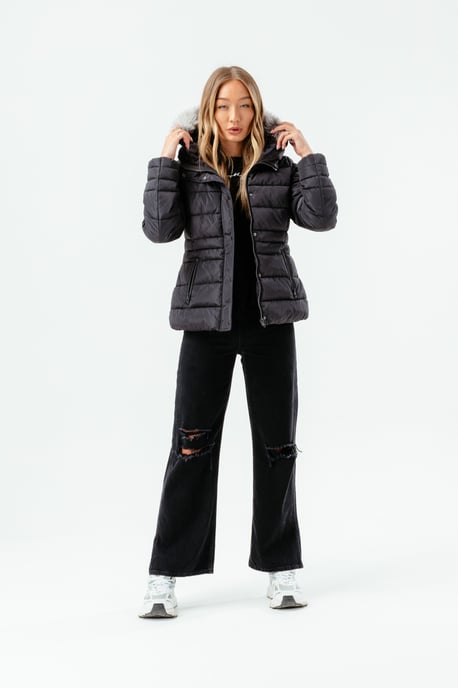 Hype Womens Charcoal Scribble Label Fitted Puffer Jacket