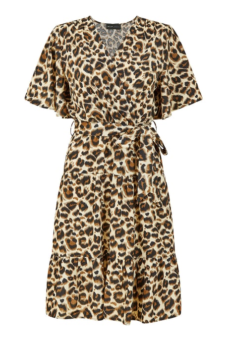 Brown Animal Print Wrap Over Skater Dress
