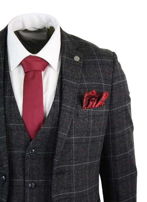 Mens 3 Piece Charcoal Grey Tweed Check Vintage Retro Suit - Image 6