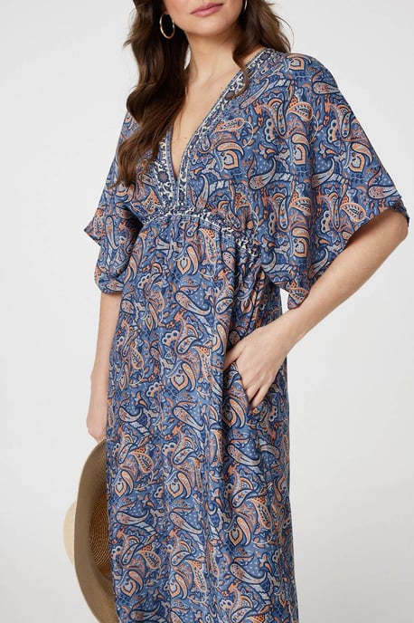 Navy Paisley Print Kimono Sleeve Midi Dress