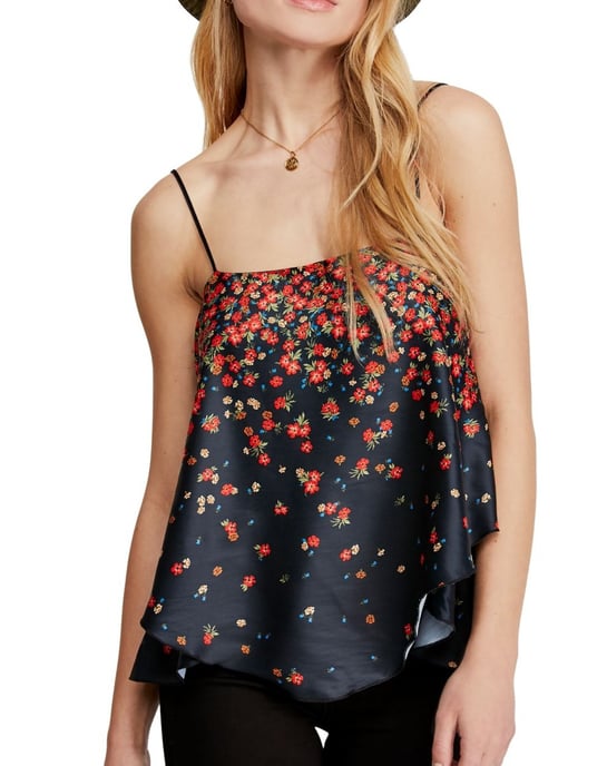 Free People Women's Top Black Red  Cami Satin Ditsy Tiered