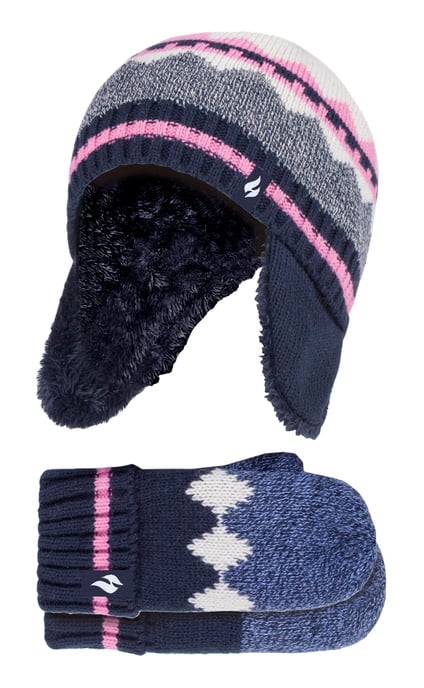 Heat Holders - Girls Nordic Pattern Fairisle Design Trapper Hat with Pom Pom and Mittens Gloves Set - Navy - Image 1