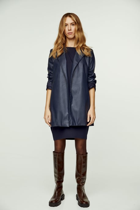Navy Faux Leather Jacket with Belt