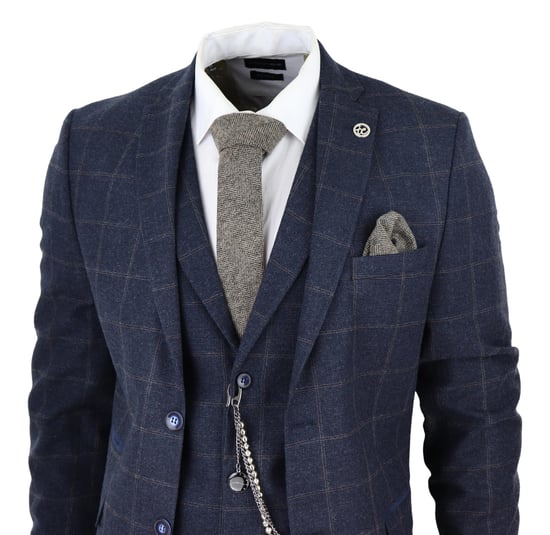 Mens 3 Piece Wool Suit Navy Blue Tweed Check Peaky Blinders 1920 Gatsby Formal - Image 3