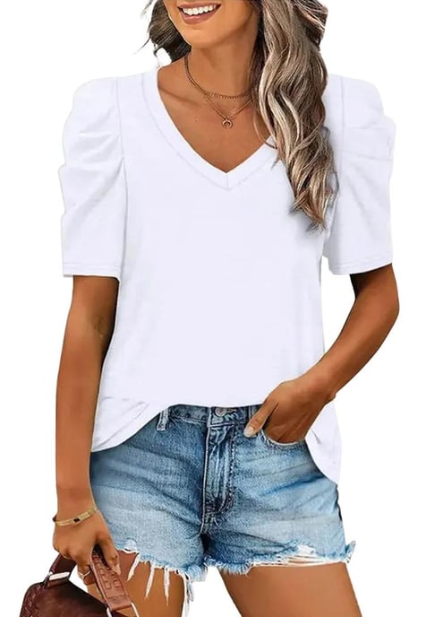 Dames V-hals Puff Sleeve T-Shirt in Wit - Image 1