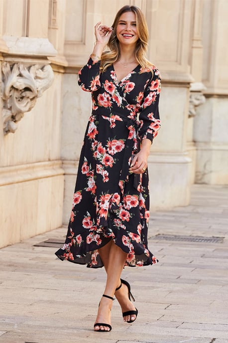 Black Floral Print Ruffle Hem Midi Wrap Dress