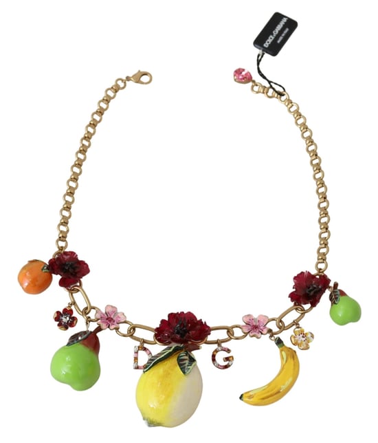 Dolce & Gabbana Fruit Pendant Flower Crystal DG Logo Gold Brass Women's Necklace - Image 3