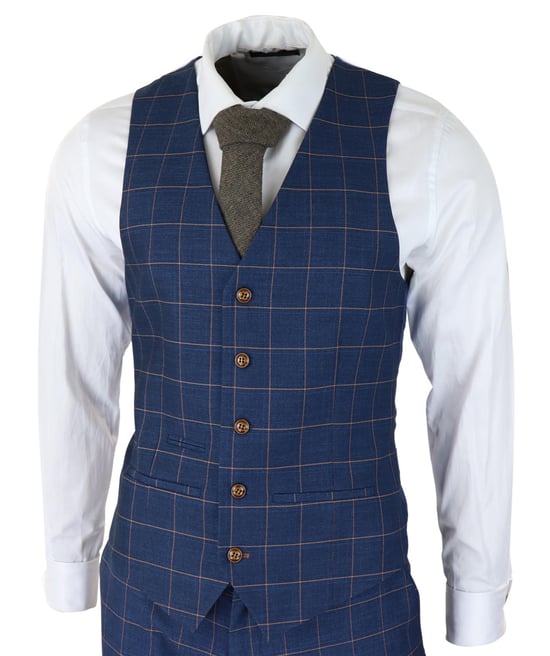 Mens 3 Piece Suit Blue Gold Check Peaky Blinders 1920 Gatsby Smart Vintage Suit - Image 4