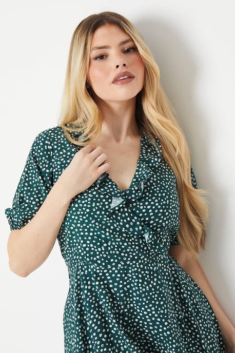 Green Spot Wrap Mini Dress - Image 4
