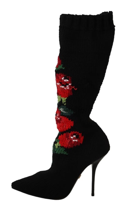 Dolce & Gabbana Zwarte Reksokken Rode Rozen Enkellaarsjes Dameschoenen - Image 4
