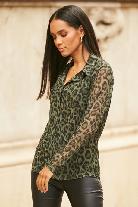Khaki Green Animal Print Mesh Jersey Shirt