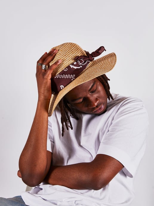 Straw fedora hat with bandana printed band in natural and dark oak