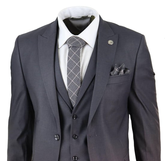 Mens 3 Piece Suit Plain charcoal Classic Tailored Fit Smart Casual 1920s Formal - Image 3