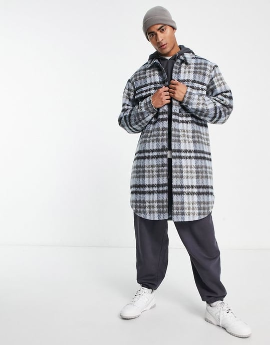 ASOS DESIGN longline check shacket in blue