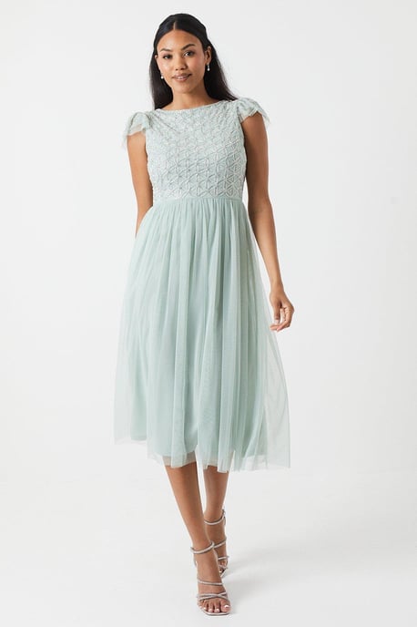 Geometric Embroidered Flutter Sleeve Bridesmaids Midi Dress