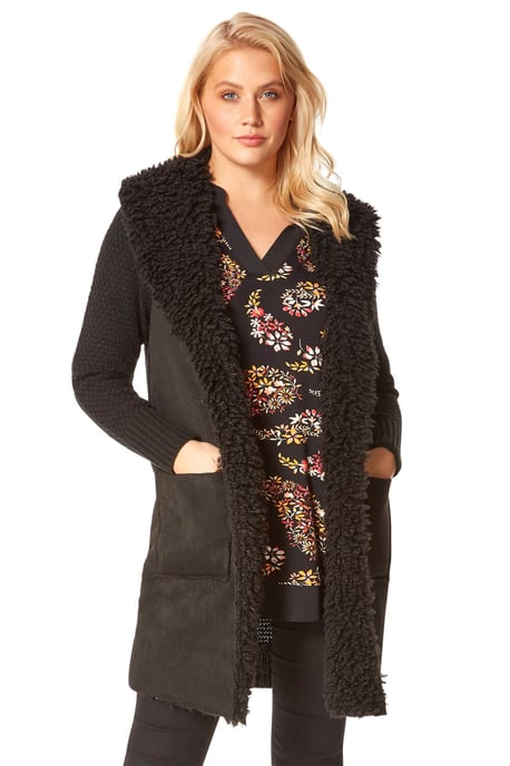 Longline Faux Shearling Knit Coatigan