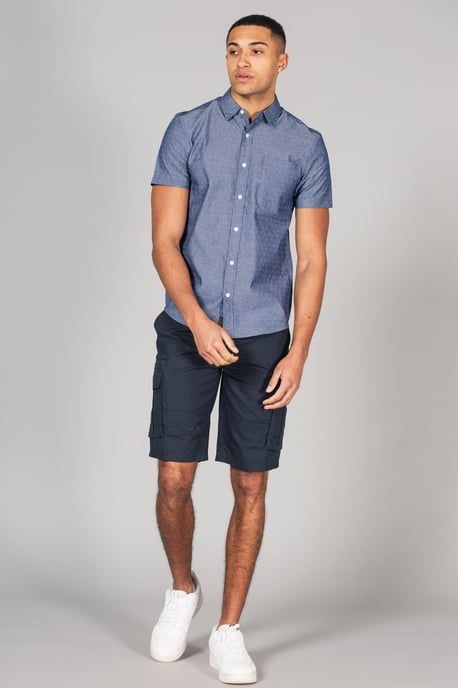 Mid Blue Cotton Short Sleeve Button-Up Printed Shirt With Chest Pocket