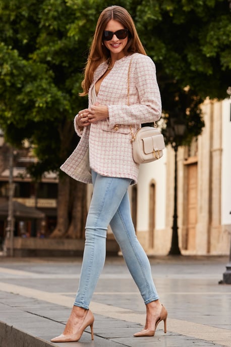 Pink & White Boucle Collarless Blazer With Gold Detail