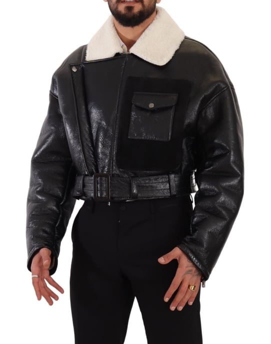 Dolce & Gabbana Herrarnas Svart Läder Shearling Bikerjacka - Image 5