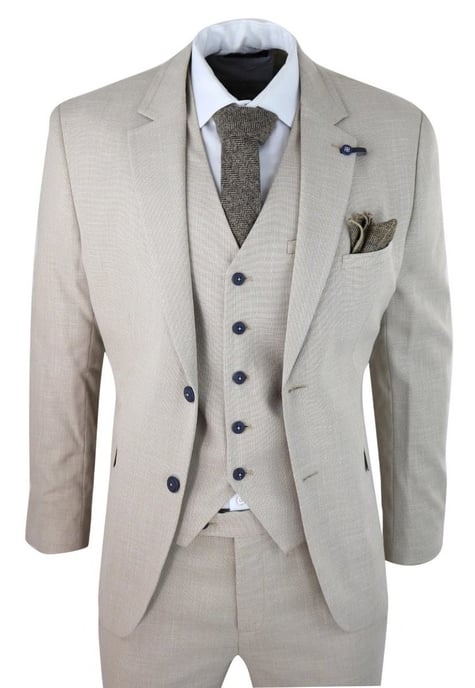 Mens 3 Piece Cream Linen Summer Spring Classic Suit - Image 1