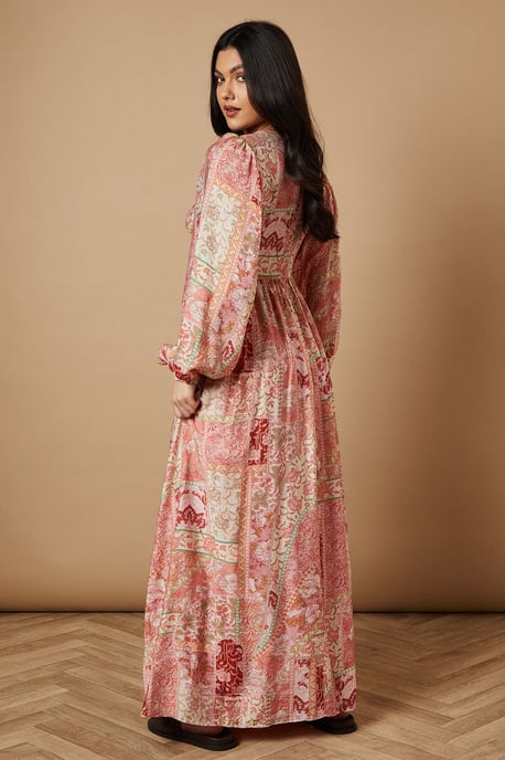 Printed Long Sleeve Cut Out Side Detail Maxi Dress