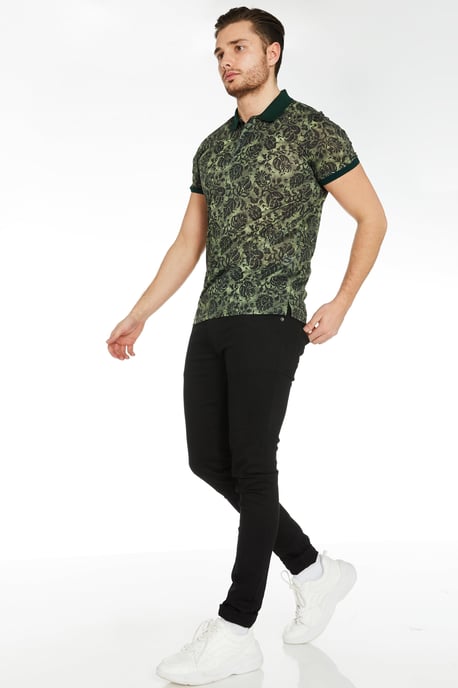Floral Polo Shirt with Contrast Collar & Sleeves in Green