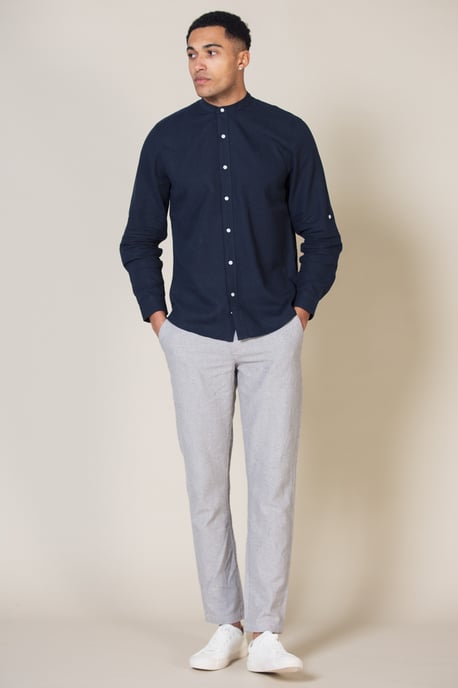 Navy Linen Blend Long Sleeve Button-Up Shirt With Grandad Collar