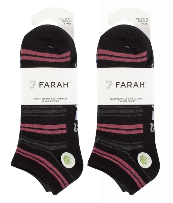 10 Pairs Mens Bamboo Trainer Socks | Farah | Striped Cushioned Ankle Socks - Black Stripe - Image 2
