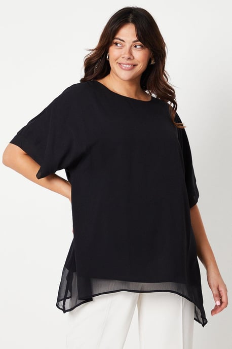 Curve Black Hanky Hem Grown On Sleeve Top