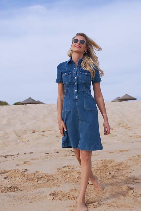 Indigo Blue Popper Front Short Sleeve Stretch Denim Dress