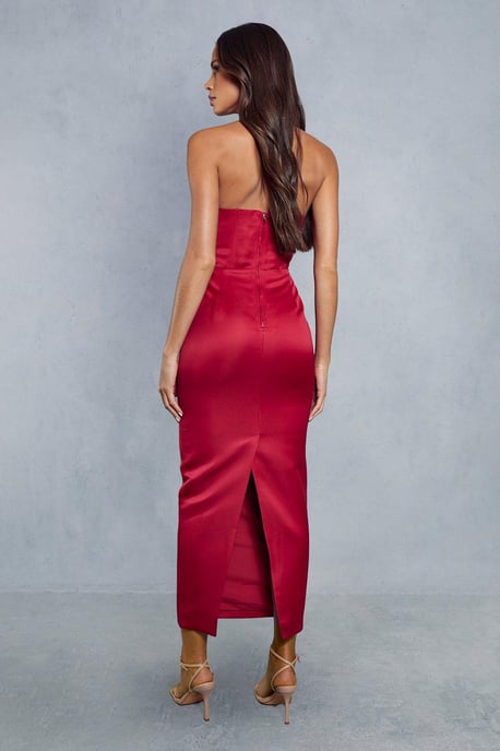 Premium Satin Corseted Pleated Bust Bodycon Midaxi Dress