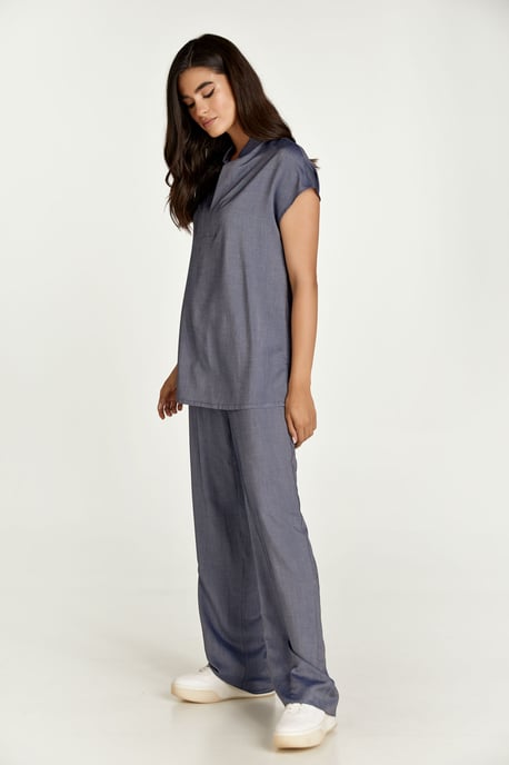 Blue Denim Style Wide Leg Pants