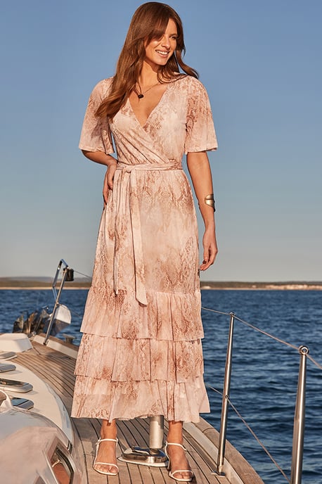 Snake Print Tiered Hem Wrap Jersey Midi Dress