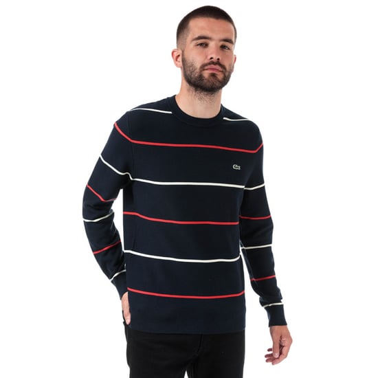 Men's Lacoste Crew Neck Striped Cotton Sweatshirt in Blue - Image 1