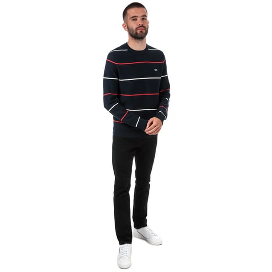 Men's Lacoste Crew Neck Striped Cotton Sweatshirt in Blue - Image 3