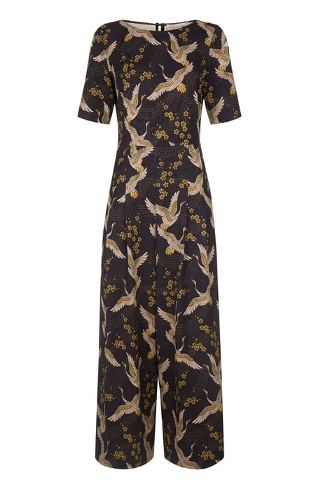 Bird Printed Short Sleeve Jumpsuit in Black