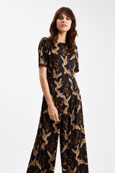 Bird Printed Short Sleeve Jumpsuit in Black