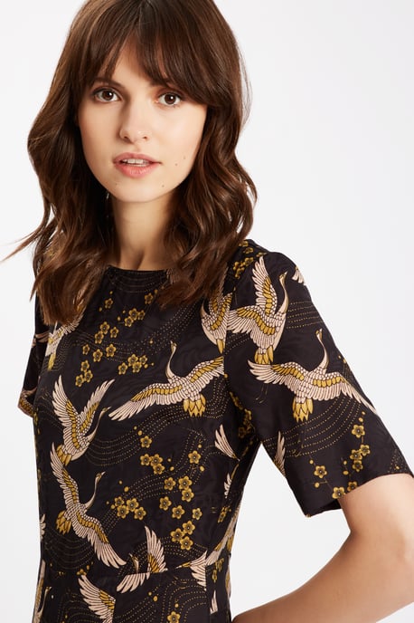 Bird Printed Short Sleeve Jumpsuit in Black