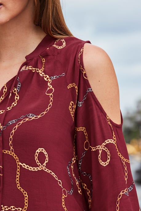 Burgundy Chain Print Cut Out Shoulder Top