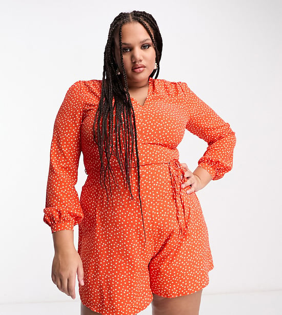 Glamorous Curve v neck tie waist tea playsuit in red orange ditsy-Multi