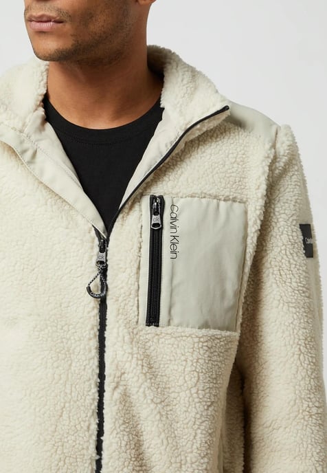 Calvin Klein Zip Through Teddy Fur Fleece Jacket in Stone - Image 3