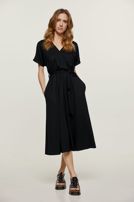Black Jersey Belted Midi Dress